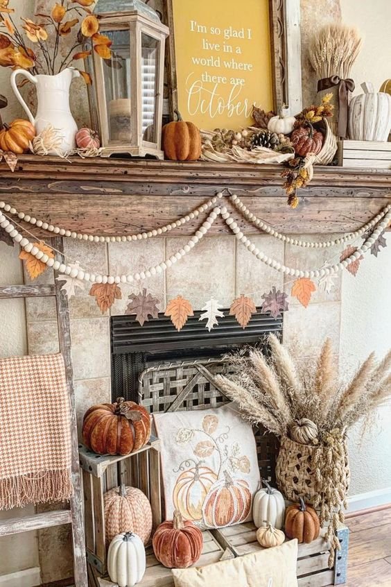 Vintage fall mantel decor