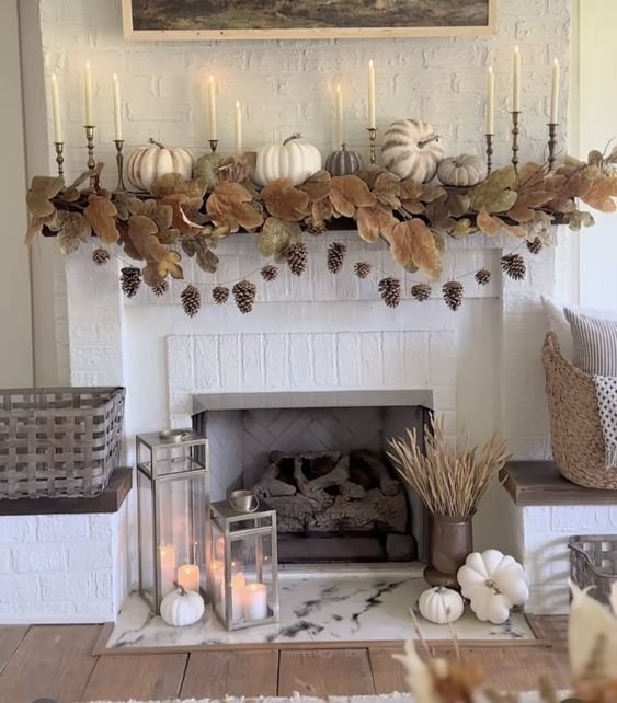 fall mantel pinecones