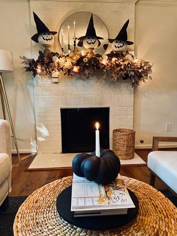 fall mantel pumpkin decor